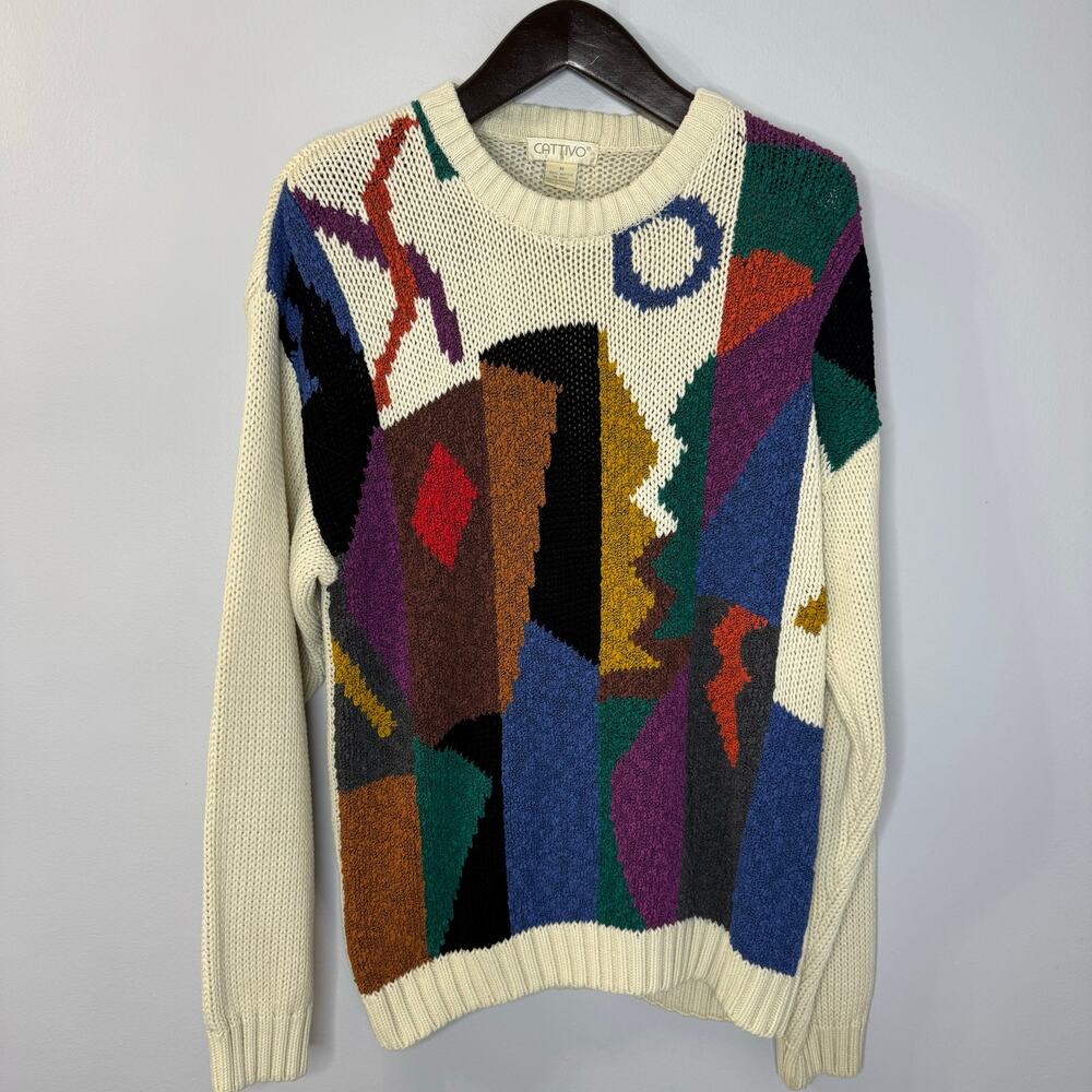 Cattivo Vintage Cream Multi Patterned Geometric Crew Neck Sweater Men's M
